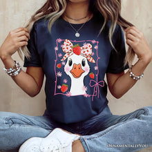 Carregar imagem no visualizador da galeria, Coquette Goose with Strawberry Bow T-Shirt, Navy, Black and White Cute Tee
