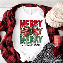 Cargar imagen en el visor de la galería, Coquette Merry Christmas Bow T-Shirt, Festive Leopard Holiday Tee
