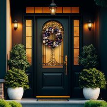 Load image into Gallery viewer, Creep and Glitter Spooky Wreath with Skeleton Skull Baubles, Black, Maroon and Gold Colors with Shiny Glitter
