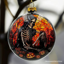 Load image into Gallery viewer, Creepy Stained Glass Skeleton and Raven Haunted Ornament, Halloween Horror and Christmas Tree Decor
