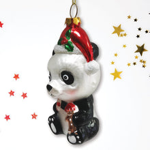Load image into Gallery viewer, Cute Panda with Santa Hat and Gift Blown Glass Christmas Ornament
