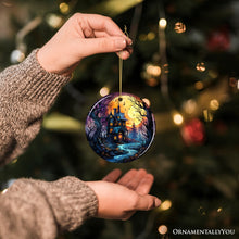 Load image into Gallery viewer, Eerie Abode Amidst Spooky Trees Stained Glass Style Ceramic Ornament, Halloween Themed Christmas Gift and Decor
