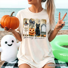 Carregar imagem no visualizador da galeria, Fall Spooky Season Brushstroke T-Shirt, Coquette Vintage Ghost, Cat and Pumpkin Tee

