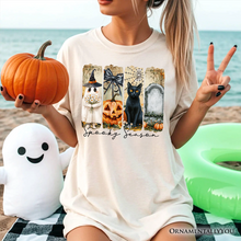 Cargar imagen en el visor de la galería, Fall Spooky Season Brushstroke T-Shirt, Coquette Vintage Ghost, Cat and Pumpkin Tee
