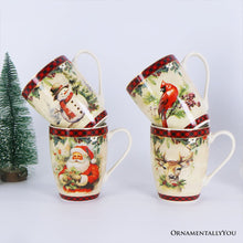 Load image into Gallery viewer, Festive Country Plaid Set of 4 Ceramic Mugs with Real Gold Trim, Christmas Kitchen Coffee Cup Gift with Santa, Cardinal, Deer, and Snowman
