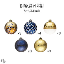 Carregar imagem no visualizador da galeria, Festive Gold and Frosted Blue Assorted Ornament Bauble Bundle, Set of 16 Elegant Christmas Balls
