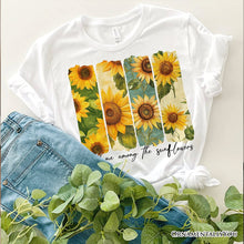 Carregar imagem no visualizador da galeria, Find Me Among the Sunflowers T-Shirt, White and Natural Floral Tee for Trendy Women
