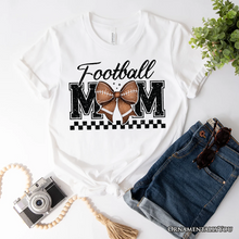 Carregar imagem no visualizador da galeria, Football Mom Coquette Bow Retro T-Shirt, Stylish Game Day White Tee for Trendy and Proud Sports Mothers
