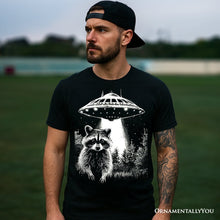 Carregar imagem no visualizador da galeria, Funny UFO Raccoon T-Shirt, Black Unisex Tee for Alien Enthusiasts
