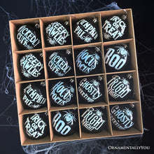 Load image into Gallery viewer, Ghastly Quotes Ornament Bauble Set of 16, Halloween Tree 3&quot; Black and White Round Ball Decor
