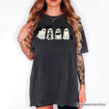 Load image into Gallery viewer, Ghosts and Cats Spooky T-Shirt, Whimsical Halloween Tee for Cozy Autumn Season
