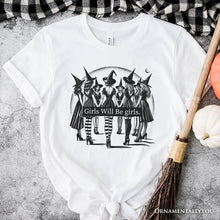 Load image into Gallery viewer, Girls Will Be Girls T-Shirt, Witchy Halloween Tee for Empowered Women
