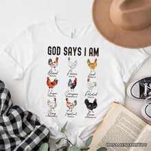 Carregar imagem no visualizador da galeria, God Says I Am Christian T-Shirt, Rooster and Chicken White Tee for Farm Style Lovers
