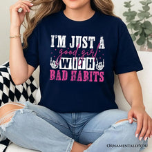 Carregar imagem no visualizador da galeria, Good Girl with Bad Habits T-Shirt, Grunge Pink and Skeleton Hands Navy, Black, and White Tee for Wild and Rebellious Women
