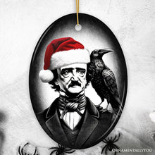 Carregar imagem no visualizador da galeria, Gothic Edgar Allan Poe with Santa Hat And Raven Ornament, Spooky Halloween Tree Christmas Decor
