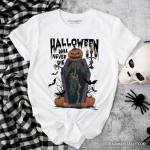 Carregar imagem no visualizador da galeria, Halloween Will Never Die T-Shirt, Vintage Pumpkin Coffin Skeleton Tee
