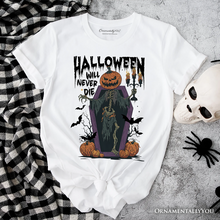 Cargar imagen en el visor de la galería, Halloween Will Never Die T-Shirt, Vintage Pumpkin Coffin Skeleton Tee
