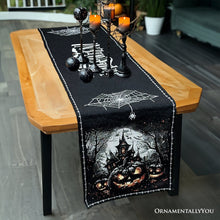 Carregar imagem no visualizador da galeria, Haunted Horrors 72&quot; Table Runner, Jacquard Halloween Home Black Tablecloth Decoration with Pumpkins and Spiderwebs
