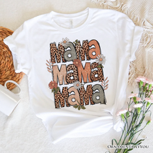 Carregar imagem no visualizador da galeria, Leopard Mama Floral Retro T-Shirt, White and Natural Trendy Women&#39;s Tee with Wildflower Accents
