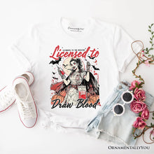 Carregar imagem no visualizador da galeria, Licensed to Draw Blood Halloween Nurse T-Shirt, Groovy Tee for Spooky Season
