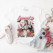 Load image into Gallery viewer, Licensed to Draw Blood Halloween Nurse T-Shirt, Groovy Tee for Spooky Season
