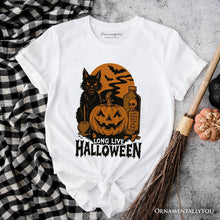Load image into Gallery viewer, Long Live Halloween T-Shirt, Retro Black Cat Pumpkin Tee for Horror Fans
