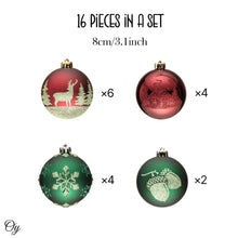 Load image into Gallery viewer, Majestic Winterly Nature Glittered Ornament Bauble Set, Red and Green Balls Bundle with Acorns, Snowflakes, and Spruce Tree Accents

