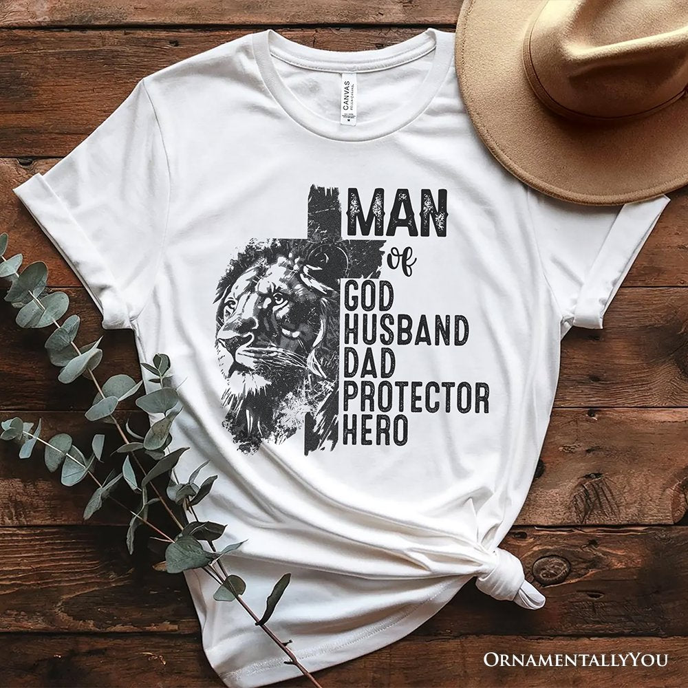 Man of God Lion Cross T-Shirt, White Tee for Faithful and Christian Fathers