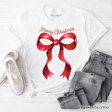 Carregar imagem no visualizador da galeria, Merry Christmas Red Coquette Bow T‑Shirt, Minimalist Holiday Ribbon Tee for Festive Season
