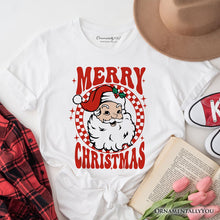 Carregar imagem no visualizador da galeria, Merry Christmas Santa T‑Shirt, Retro Red Checkered Tee for Classic Holiday Season
