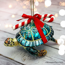 Load image into Gallery viewer, (Pre-Order) Nautical Gift Wrapped Sea Turtle Glass Christmas Ornament, Tropical Beach Holiday Decor
