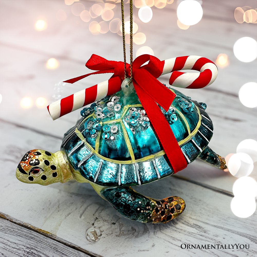 (Pre-Order) Nautical Gift Wrapped Sea Turtle Glass Christmas Ornament, Tropical Beach Holiday Decor