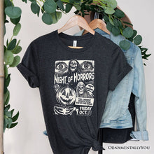 Load image into Gallery viewer, Night of Horrors Retro Halloween T-Shirt, Vintage Poster Tee for Spooky Season Fans
