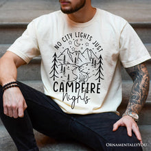 Carregar imagem no visualizador da galeria, No City Lights Just Campfire Nights T-Shirt, White and Natural Camping Tee for Stargazing Campers
