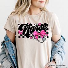 Cargar imagen en el visor de la galería, Nurse Floral Coquette Pink Bow T-Shirt, Retro Stethoscope Checkered Tee
