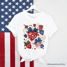 Carregar imagem no visualizador da galeria, Patriotic Boho Strawberries Bouquet T-Shirt, 4th of July Festive Patch Tee
