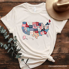 Carregar imagem no visualizador da galeria, Patriotic Patchwork USA T-Shirt, Quilted Map Tee for Americana Fans
