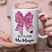 Carregar imagem no visualizador da galeria, Pencil Coquette Teacher Bow Personalized Mug, Cute Appreciation Present, Back To School Gift With Custom Name
