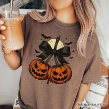 Carregar imagem no visualizador da galeria, Pumpkin Cherries Coquette Bow T-Shirt, Retro Halloween Fall Season Tee for Sweet Autumn Girls
