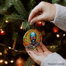 Carregar imagem no visualizador da galeria, Red-Eyed Skeleton for Halloween Frights Stained Glass Style Ceramic Ornament, Halloween Themed Christmas Gift
