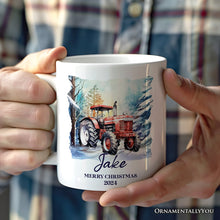 Carregar imagem no visualizador da galeria, Vintage Tractor Personalized Mug, Pristine Snowy Serenity Christmas Gift With Custom Name and Date
