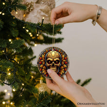 Carregar imagem no visualizador da galeria, Spine-Chilling Haunting Skull Stained Glass Style Ceramic Ornament, Halloween Themed Christmas Gift and Decor
