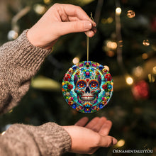 Load image into Gallery viewer, Sugar Skull Stained Glass Themed Ceramic Ornament, Day of the Dead Mexican Christmas Gift
