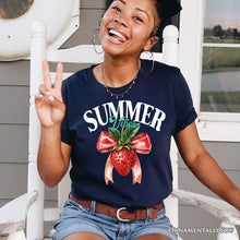 Carregar imagem no visualizador da galeria, Summer Vibes Strawberry T-Shirt, White, Natural and Navy Seasonal Tee with Coquette Style
