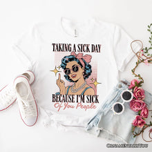 Carregar imagem no visualizador da galeria, Taking a Sick Day T-Shirt, Retro Pop Art Woman Middle Finger Sarcastic White Tee for Fed Up Women
