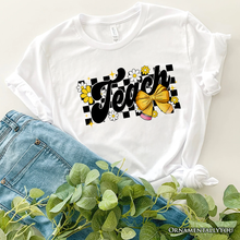 Load image into Gallery viewer, Teach Checkered Coquette Bow T-Shirt, White and Natural Retro Tee for Trendy Teachers

