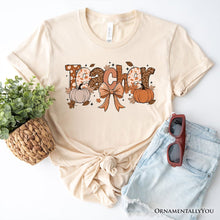 Load image into Gallery viewer, Teacher Coquette Autumn T-Shirt, Cozy Fall Pumpkin Tee for Educators
