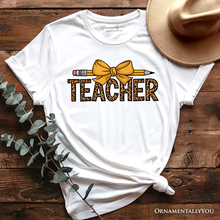 Load image into Gallery viewer, Teacher Leopard Pencil T-Shirt, Coquette Bow Retro Classroom Tee for Educators
