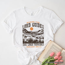 Carregar imagem no visualizador da galeria, The Lord Provides Christian T-Shirt, Retro Western Desert Worship White and Natural Tee
