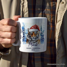 Carregar imagem no visualizador da galeria, Tiger with Santa Hat Personalized Mug, Winter Forest Christmas Gift With Custom Name and Date
